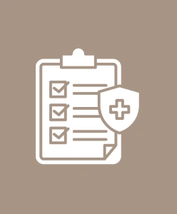 Checklist with shield and medical cross icon.
