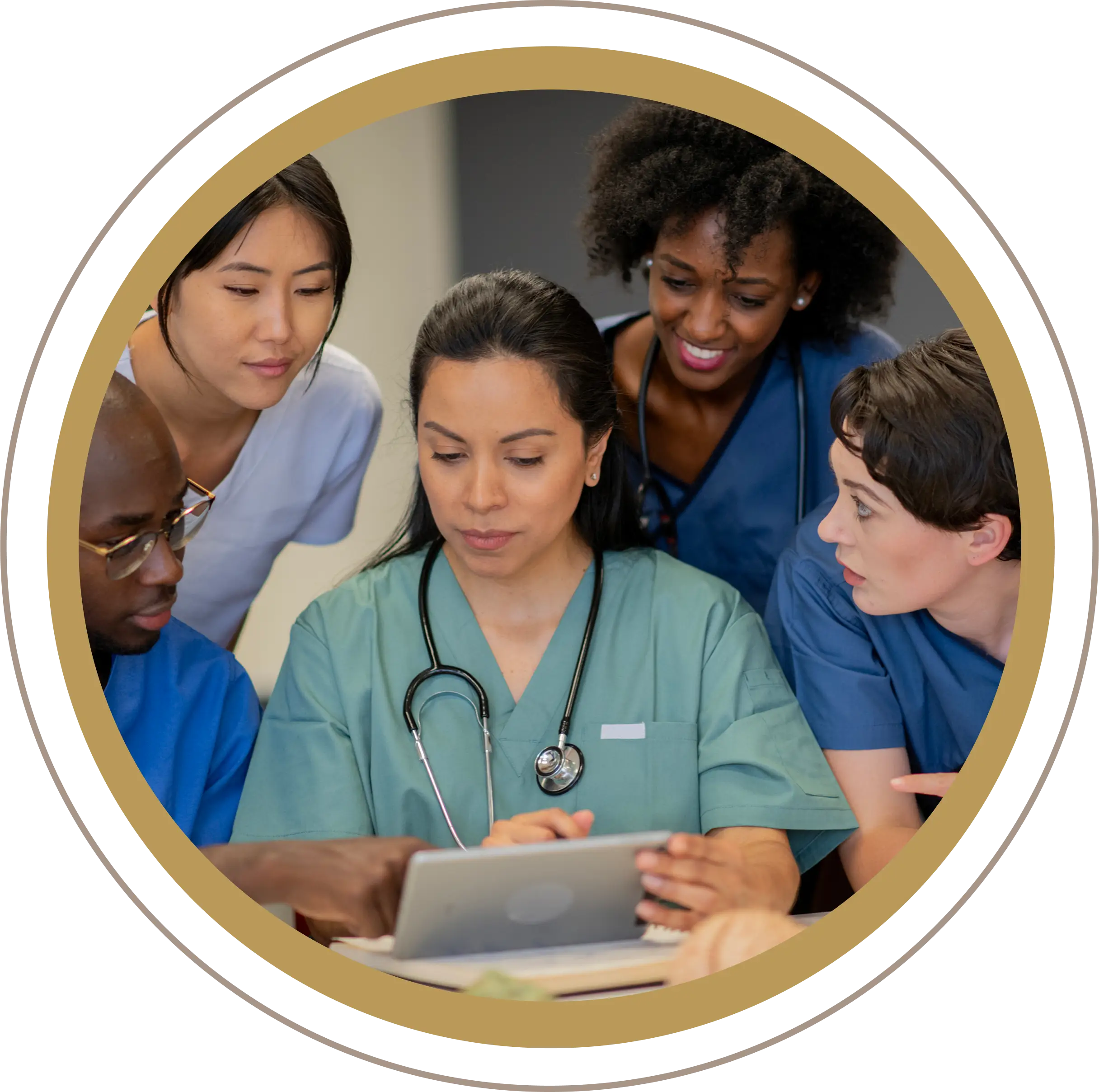 Healthcare team collaborating around a tablet.