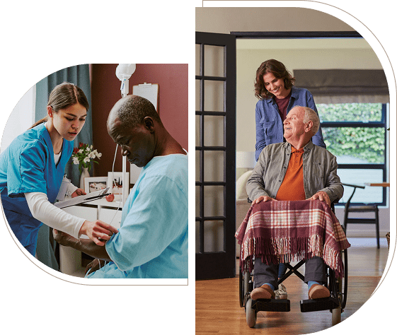 Nurse checking elderly patient's blood pressure in a clinic.