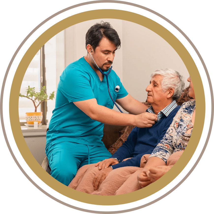 Nurse checking elderly man's heartbeat with a stethoscope.